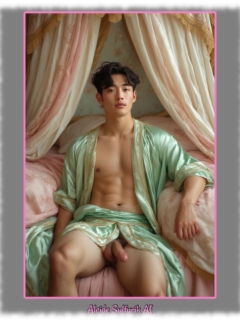 Asiatischer Twink, unter rosa Baldachin sitzend, leicht geöffnetes Gewand macht Platz für die Knospenfeder. Asiatischer Twink, unter rosa Baldachin sitzend, leicht geöffnetes Gewand macht Platz für die Knospenfeder.