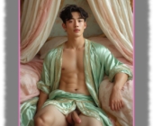 Asiatischer Twink, unter rosa Baldachin sitzend, leicht geöffnetes Gewand macht Platz für die Knospenfeder. Asiatischer Twink, unter rosa Baldachin sitzend, leicht geöffnetes Gewand macht Platz für die Knospenfeder.