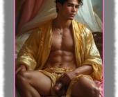 Junger Mann auf Bett sitzend, Hand ruht auf seinem Juwel der Liebe. Junger Mann auf Bett sitzend, Hand ruht auf seinem Juwel der Liebe.