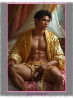 Junger Mann auf Bett sitzend, Hand ruht auf seinem Juwel der Liebe. Junger Mann auf Bett sitzend, Hand ruht auf seinem Juwel der Liebe.