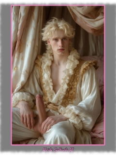 Blonder Jüngling im Rüschen-Gewandt, Hände an seinem aufgerichteten Kelch der Lust. Blonder Jüngling im Rüschen-Gewandt, Hände an seinem aufgerichteten Kelch der Lust.