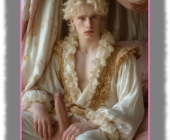 Blonder Jüngling im Rüschen-Gewandt, Hände an seinem aufgerichteten Kelch der Lust. Blonder Jüngling im Rüschen-Gewandt, Hände an seinem aufgerichteten Kelch der Lust.