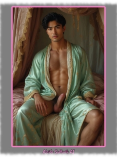 Junger Asiate auf Bett sitzend, geöffnetes grünes Gewandt macht Platz für den erhobenen Schaft und die Lebensperlen. Junger Asiate auf Bett sitzend, geöffnetes grünes Gewandt macht Platz für den erhobenen Schaft und die Lebensperlen.