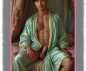 Junger Asiate auf Bett sitzend, geöffnetes grünes Gewandt macht Platz für den erhobenen Schaft und die Lebensperlen. Junger Asiate auf Bett sitzend, geöffnetes grünes Gewandt macht Platz für den erhobenen Schaft und die Lebensperlen.