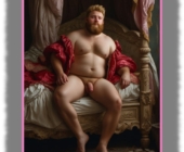 Sitzender Ginger Men, rund, reizvoll mit Vollbart, unter Baldachin, zeigt seine Bacchusfackel. Sitzender Ginger Men, rund, reizvoll mit Vollbart, unter Baldachin, zeigt seine Bacchusfackel.