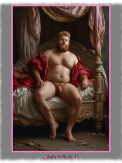 Sitzender Ginger Men, rund, reizvoll mit Vollbart, unter Baldachin, zeigt seine Bacchusfackel. Sitzender Ginger Men, rund, reizvoll mit Vollbart, unter Baldachin, zeigt seine Bacchusfackel.