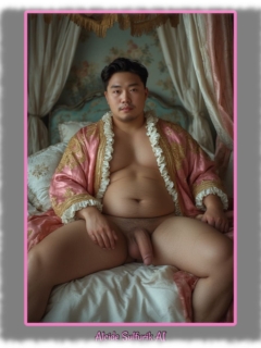 Sitzender, asiatischer Mann, rund und reizvoll, Lustpendel und Glückskugeln ruhen auf weißem Laken. Sitzender, asiatischer Mann, rund und reizvoll, Lustpendel und Glückskugeln ruhen auf weißem Laken.