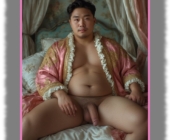 Sitzender, asiatischer Mann, rund und reizvoll, Lustpendel und Glückskugeln ruhen auf weißem Laken. Sitzender, asiatischer Mann, rund und reizvoll, Lustpendel und Glückskugeln ruhen auf weißem Laken.