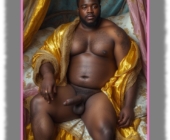 Dunkelhäutiger Mann, verlockend füllig, geöffnetes gold-farbenes Gewandt, zeigt sein erwachtes Zepter der Sehnsucht. Dunkelhäutiger Mann, verlockend füllig, geöffnetes gold-farbenes Gewandt, zeigt sein erwachtes Zepter der Sehnsucht.