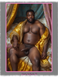 Dunkelhäutiger Mann, verlockend füllig, geöffnetes gold-farbenes Gewandt, zeigt sein erwachtes Zepter der Sehnsucht. Dunkelhäutiger Mann, verlockend füllig, geöffnetes gold-farbenes Gewandt, zeigt sein erwachtes Zepter der Sehnsucht.