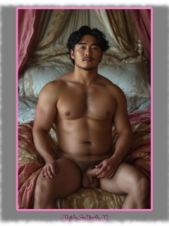 Nackter asiatischer Mann unter Baldachin auf Bett sitzend, seine Hand berührt den Helm des Lebensquells. Nackter asiatischer Mann unter Baldachin auf Bett sitzend, seine Hand berührt den Helm des Lebensquells.