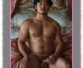 Nackter asiatischer Mann unter Baldachin auf Bett sitzend, seine Hand berührt den Helm des Lebensquells. Nackter asiatischer Mann unter Baldachin auf Bett sitzend, seine Hand berührt den Helm des Lebensquells.