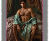 Sitzender junger Mann, Brust und Bauch behaart, geöffnetes Gewandt lässt seine Rosenranke der Leidenschaft frei. Sitzender junger Mann, Brust und Bauch behaart, geöffnetes Gewandt lässt seine Rosenranke der Leidenschaft frei.