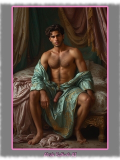 Sitzender junger Mann, Brust und Bauch behaart, geöffnetes Gewandt lässt seine Rosenranke der Leidenschaft frei. Sitzender junger Mann, Brust und Bauch behaart, geöffnetes Gewandt lässt seine Rosenranke der Leidenschaft frei.