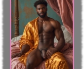 Dunkelhäutiger Mann mit Bart unter Baldachin sitzend, seine Hand am Herold der Sehnsucht. Dunkelhäutiger Mann mit Bart unter Baldachin sitzend, seine Hand am Herold der Sehnsucht.