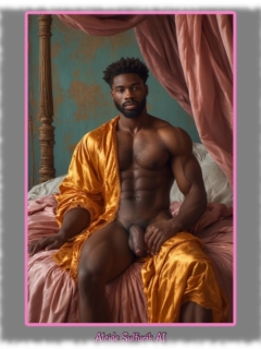 Dunkelhäutiger Mann mit Bart unter Baldachin sitzend, seine Hand am Herold der Sehnsucht. Dunkelhäutiger Mann mit Bart unter Baldachin sitzend, seine Hand am Herold der Sehnsucht.