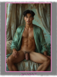 Asiatischer junger Mann mit grünem Satin-Gewandt, breitbeinig sitzend präsentiert sein Juwel der Liebe. Asiatischer junger Mann mit grünem Satin-Gewandt, breitbeinig sitzend präsentiert sein Juwel der Liebe.