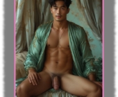 Asiatischer junger Mann mit grünem Satin-Gewandt, breitbeinig sitzend präsentiert sein Juwel der Liebe. Asiatischer junger Mann mit grünem Satin-Gewandt, breitbeinig sitzend präsentiert sein Juwel der Liebe.