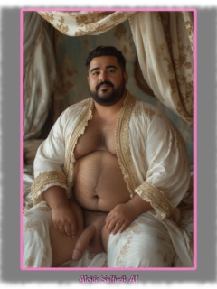 Bärtiger Mann mit fülligem Körper, nackt, weißes Satin-Gewandt, Lebensschlüssel ruht schwer. Bärtiger Mann mit fülligem Körper, nackt, weißes Satin-Gewandt, Lebensschlüssel ruht schwer.