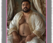 Bärtiger Mann mit fülligem Körper, nackt, weißes Satin-Gewandt, Lebensschlüssel ruht schwer. Bärtiger Mann mit fülligem Körper, nackt, weißes Satin-Gewandt, Lebensschlüssel ruht schwer.