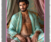 Bärtiger Mann, Brust- und Bauchbehaarung, grünes Gewandt gibt Blick auf sein Lustpendel frei. Bärtiger Mann, Brust- und Bauchbehaarung, grünes Gewandt gibt Blick auf sein Lustpendel frei.