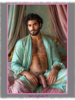 Bärtiger Mann, Brust- und Bauchbehaarung, grünes Gewandt gibt Blick auf sein Lustpendel frei. Bärtiger Mann, Brust- und Bauchbehaarung, grünes Gewandt gibt Blick auf sein Lustpendel frei.