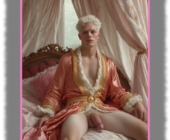 Blonder junger Mann unter Baldachin auf Bett sitzend zeigt seinen rasierten Wegweiser ins Traumland. Blonder junger Mann unter Baldachin auf Bett sitzend zeigt seinen rasierten Wegweiser ins Traumland.