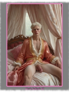 Blonder junger Mann unter Baldachin auf Bett sitzend zeigt seinen rasierten Wegweiser ins Traumland. Blonder junger Mann unter Baldachin auf Bett sitzend zeigt seinen rasierten Wegweiser ins Traumland.