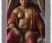 Asiatischer Mann mit schwerem Körper, nackt, rotes Satin-Gewandt, Hand ruht an seinem Lustkelch. Asiatischer Mann mit schwerem Körper, nackt, rotes Satin-Gewandt, Hand ruht an seinem Lustkelch.