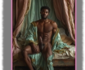 Dunkelhäutiger Mann mit massiver Erregungsrute unter Baldachin sitzend. Dunkelhäutiger Mann mit massiver Erregungsrute unter Baldachin sitzend.