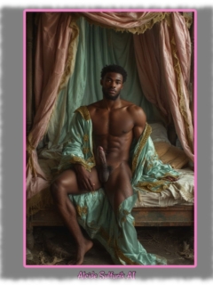 Dunkelhäutiger Mann mit massiver Erregungsrute unter Baldachin sitzend. Dunkelhäutiger Mann mit massiver Erregungsrute unter Baldachin sitzend.