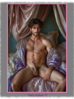 Junger bärtiger Mann mit Brustbehaarung sitzt auf Satin-Bettwäsche, der goldene Schlüssel ist aufgerichtet. Junger bärtiger Mann mit Brustbehaarung sitzt auf Satin-Bettwäsche, der goldene Schlüssel ist aufgerichtet.