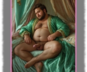 Bärtiger Mann mit üppigen Formen, aufstrebender Titan, drängende Schätze ruhen auf grünem Satin. Bärtiger Mann mit üppigen Formen, aufstrebender Titan, drängende Schätze ruhen auf grünem Satin.