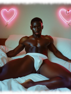 Dunkelhäutiger Twink, auf Bett liegend, weißer Slip mit Lustvollem Hügel. Dunkelhäutiger Twink, auf Bett liegend, weißer Slip mit Lustvollem Hügel.