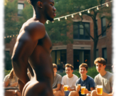 Dunkelhäutiger junger Mann nackt mit Zuschauern im Innenhof, praller Po und langer Ast des Lebensbaums im Profil. Dunkelhäutiger junger Mann nackt mit Zuschauern im Innenhof, praller Po und langer Ast des Lebensbaums im Profil.