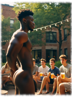 Dunkelhäutiger junger Mann nackt mit Zuschauern im Innenhof, praller Po und langer Ast des Lebensbaums im Profil. Dunkelhäutiger junger Mann nackt mit Zuschauern im Innenhof, praller Po und langer Ast des Lebensbaums im Profil.