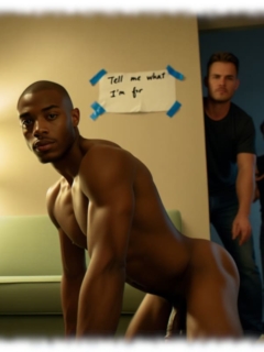 Dunkelhäutiger Glatzkopf knieend, Lustpendel hängt frei, weiße Männer als Zuschauer. Dunkelhäutiger Glatzkopf knieend, Lustpendel hängt frei, weiße Männer als Zuschauer.