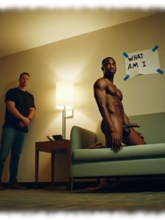 Dunkelhäutiger Mann auf Sofa knieend, aufgerichtete Erregungsrute im Profil, weiße Männer als Zuschauer. Dunkelhäutiger Mann auf Sofa knieend, aufgerichtete Erregungsrute im Profil, weiße Männer als Zuschauer.