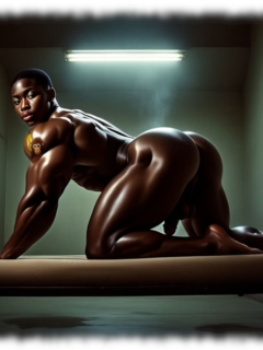 Dunkelhäutiger nackter Mann, auf allen Vieren in Zelle, Po weit nach hinten gestreckt. Dunkelhäutiger nackter Mann, auf allen Vieren in Zelle, Po weit nach hinten gestreckt.