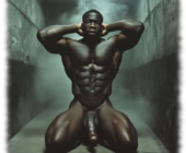 Dunkelhäutiger nackter Mann, breitbeinig in Zelle knieend, großes Eros-Schwert hängt frei. Dunkelhäutiger nackter Mann, breitbeinig in Zelle knieend, großes Eros-Schwert hängt frei.