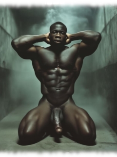 Dunkelhäutiger nackter Mann, breitbeinig in Zelle knieend, großes Eros-Schwert hängt frei. Dunkelhäutiger nackter Mann, breitbeinig in Zelle knieend, großes Eros-Schwert hängt frei.