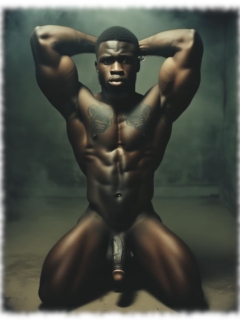 Dunkelhäutiger nackter Mann, breitbeinig in Zelle knieend, Rosenranke der Leidenschaft hängt frei. Dunkelhäutiger nackter Mann, breitbeinig in Zelle knieend, Rosenranke der Leidenschaft hängt frei.