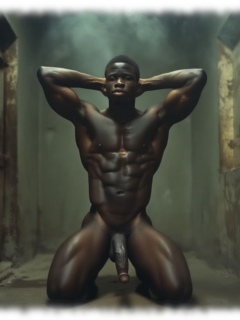 Dunkelhäutiger nackter Mann, breitbeinig in Zelle knieend, massives Lustpendel hängt frei. Dunkelhäutiger nackter Mann, breitbeinig in Zelle knieend, massives Lustpendel hängt frei.