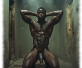 Dunkelhäutiger nackter Mann, breitbeinig in Zelle knieend, massives Lustpendel hängt frei. Dunkelhäutiger nackter Mann, breitbeinig in Zelle knieend, massives Lustpendel hängt frei.