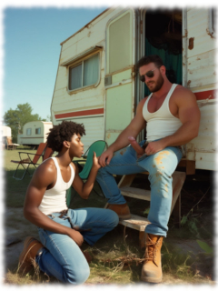 Mann am Wohnwagen, starre Flamme über geöffneter Hose, Dunkelhäutiger kniet davor. Mann am Wohnwagen, starre Flamme über geöffneter Hose, Dunkelhäutiger kniet davor.