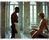 Blonder Twink im Bad, Lebensflut läuft aus Helm der Glut der massiven Lanze aus Stahl. Blonder Twink im Bad, Lebensflut läuft aus Helm der Glut der massiven Lanze aus Stahl.