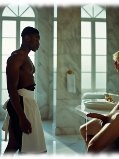 Blonder Twink im Bad, Lebensflut läuft aus Helm der Glut der massiven Lanze aus Stahl. Blonder Twink im Bad, Lebensflut läuft aus Helm der Glut der massiven Lanze aus Stahl.