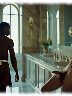 Dunkelhäutiger Service und blonder Twink im Bad, Liebesstab mit Funkenfluss am Helm der Glut. Dunkelhäutiger Service und blonder Twink im Bad, Liebesstab mit Funkenfluss am Helm der Glut.