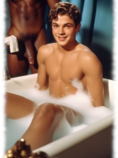 Twink in Badewanne, Dunkelhäutiger mit Ast des Lebensbaums dahinter. Twink in Badewanne, Dunkelhäutiger mit Ast des Lebensbaums dahinter.