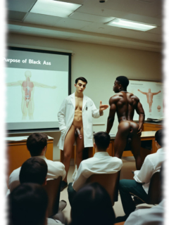 Nackter Dunkelhäutiger und nackter Wissenschaftler mit blankem Eros-Schwert bei Vorlesung. Nackter Dunkelhäutiger und nackter Wissenschaftler mit blankem Eros-Schwert bei Vorlesung.